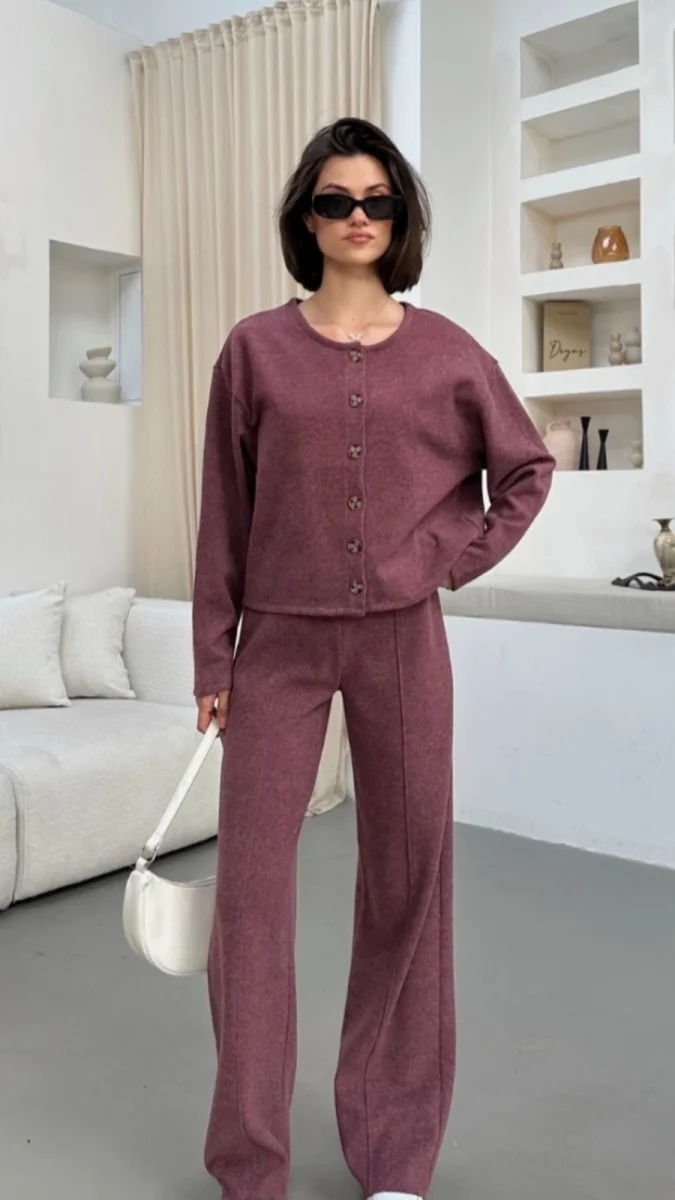 Bordo Düğmeli Triko Takım