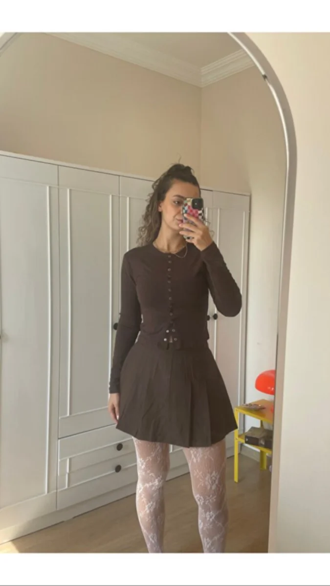 Kadın Acı Kahve Pilili Mini Şort Etek