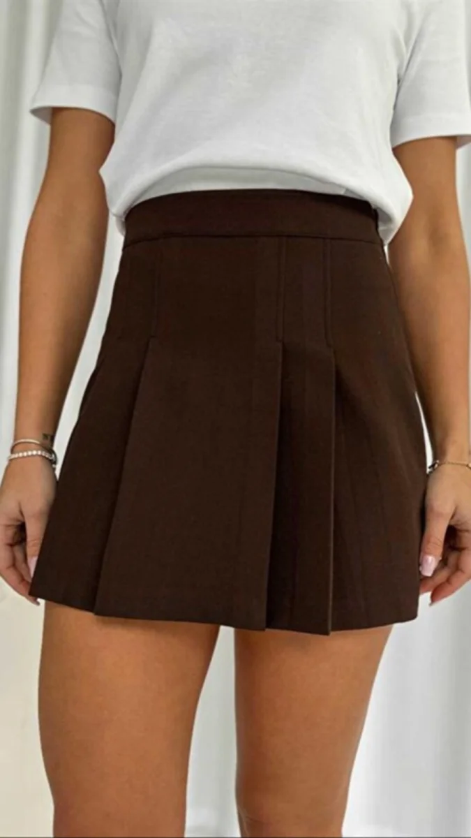 Kadın Acı Kahve Pilili Mini Şort Etek