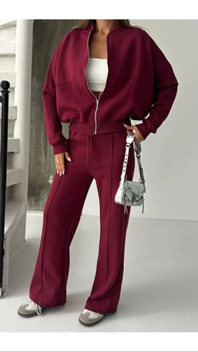 Kadın Bordo Tam Kalıp Şardonlu Eşofman Takımı