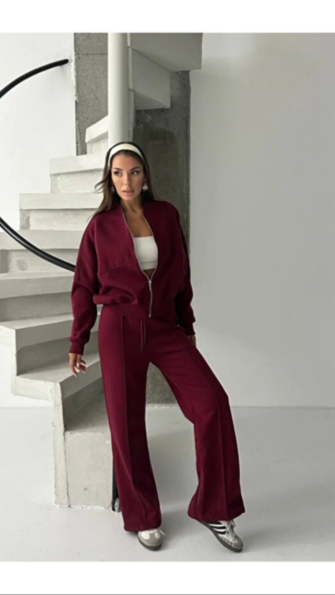 Kadın Bordo Tam Kalıp Şardonlu Eşofman Takımı