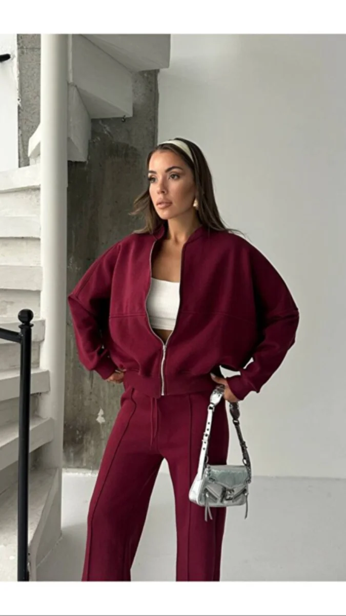 Kadın Bordo Tam Kalıp Şardonlu Eşofman Takımı