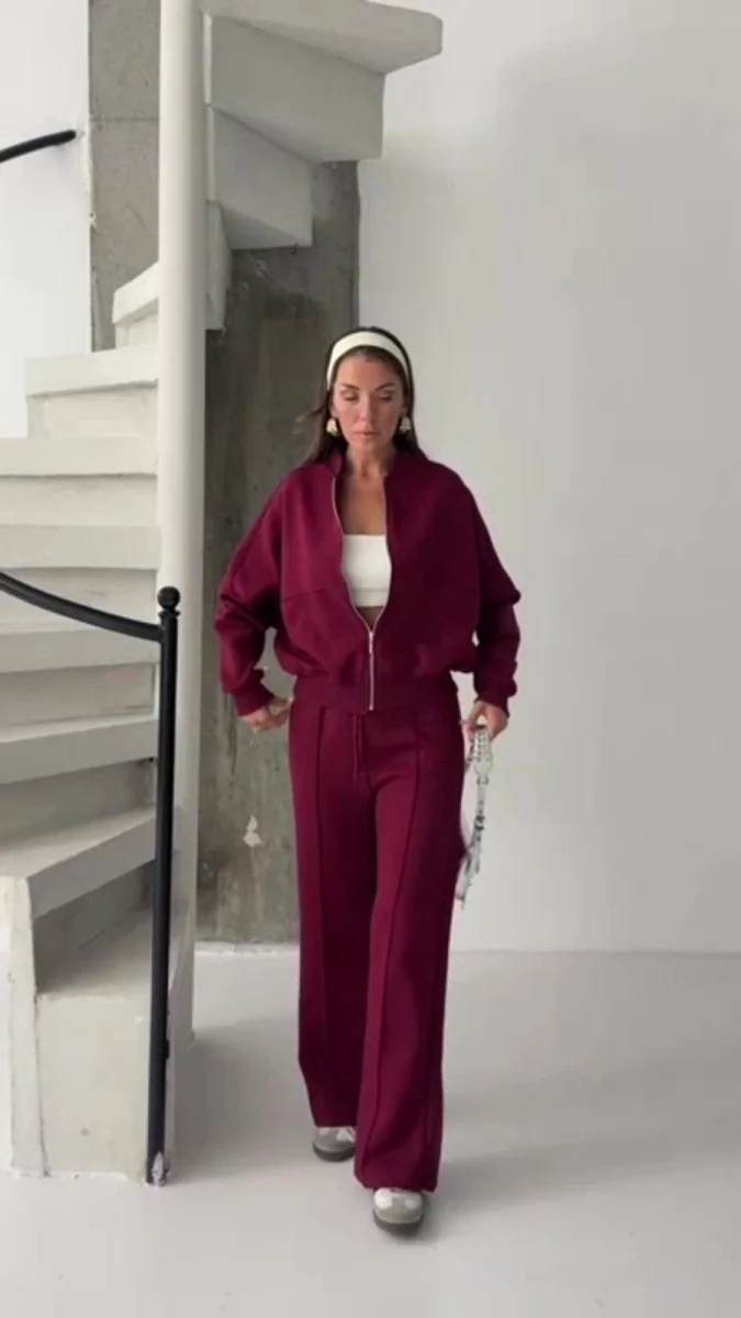 Kadın Bordo Tam Kalıp Şardonlu Eşofman Takımı