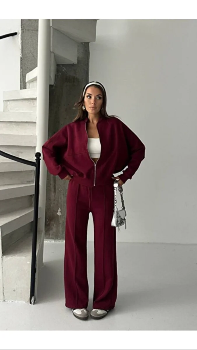 Kadın Bordo Tam Kalıp Şardonlu Eşofman Takımı