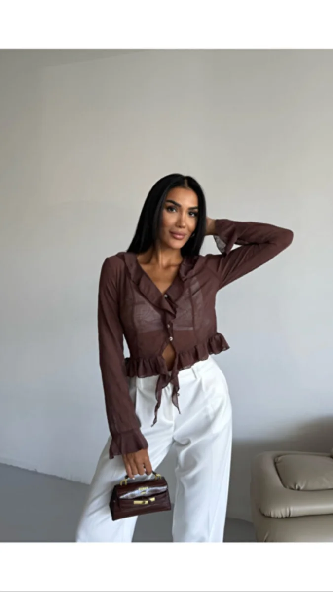 Kadın Quzu Fırfır Detaylı Bluz Kahverengi