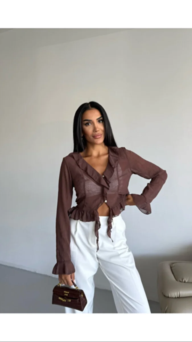 Kadın Quzu Fırfır Detaylı Bluz Kahverengi