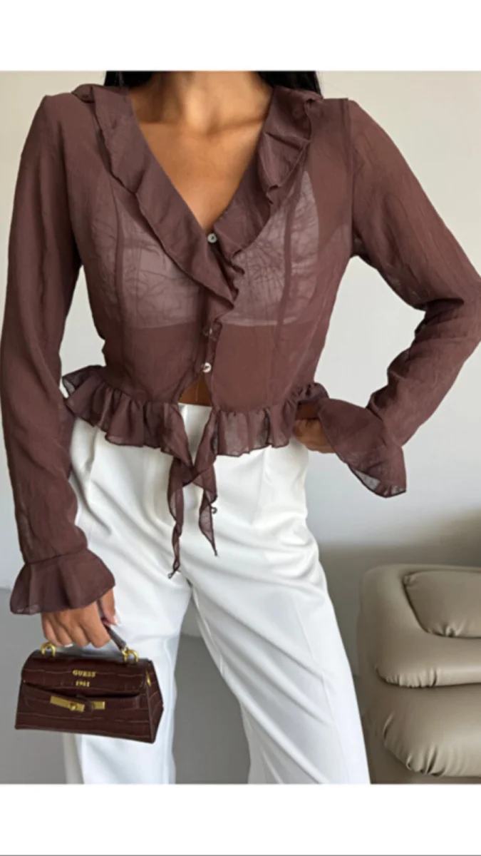 Kadın Quzu Fırfır Detaylı Bluz Kahverengi