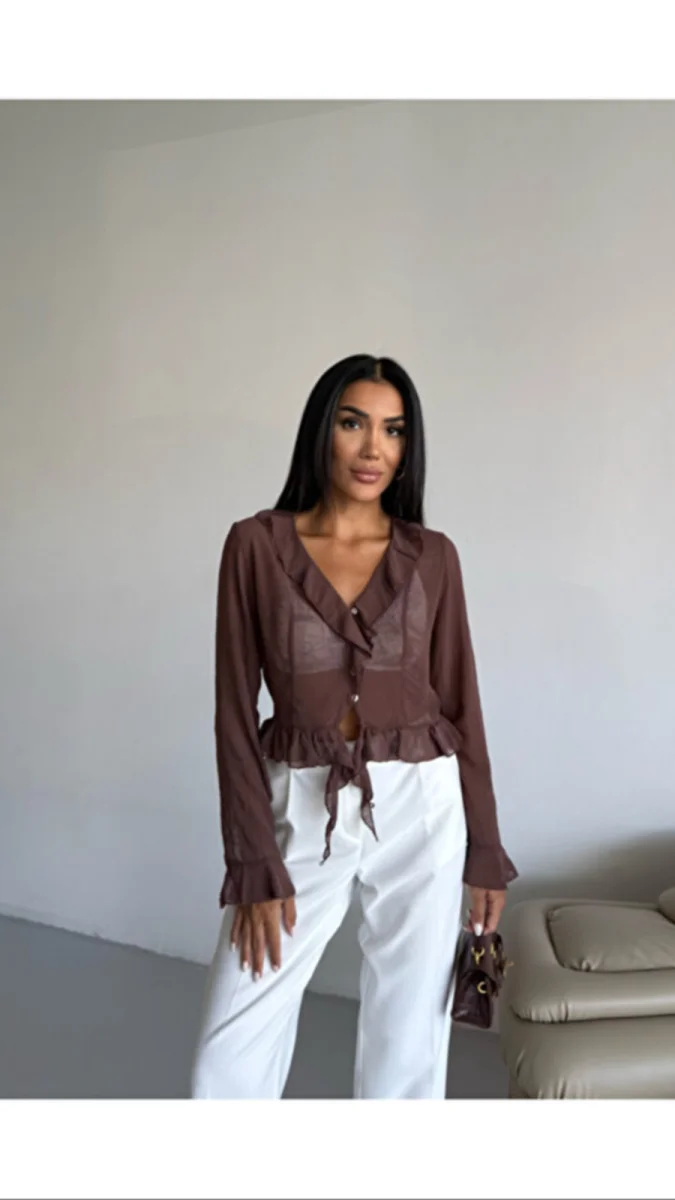 Kadın Quzu Fırfır Detaylı Bluz Kahverengi