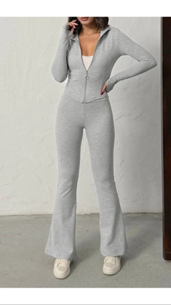 Kadın Gri Parmak Geçmeli Ribana Kumaş Takım