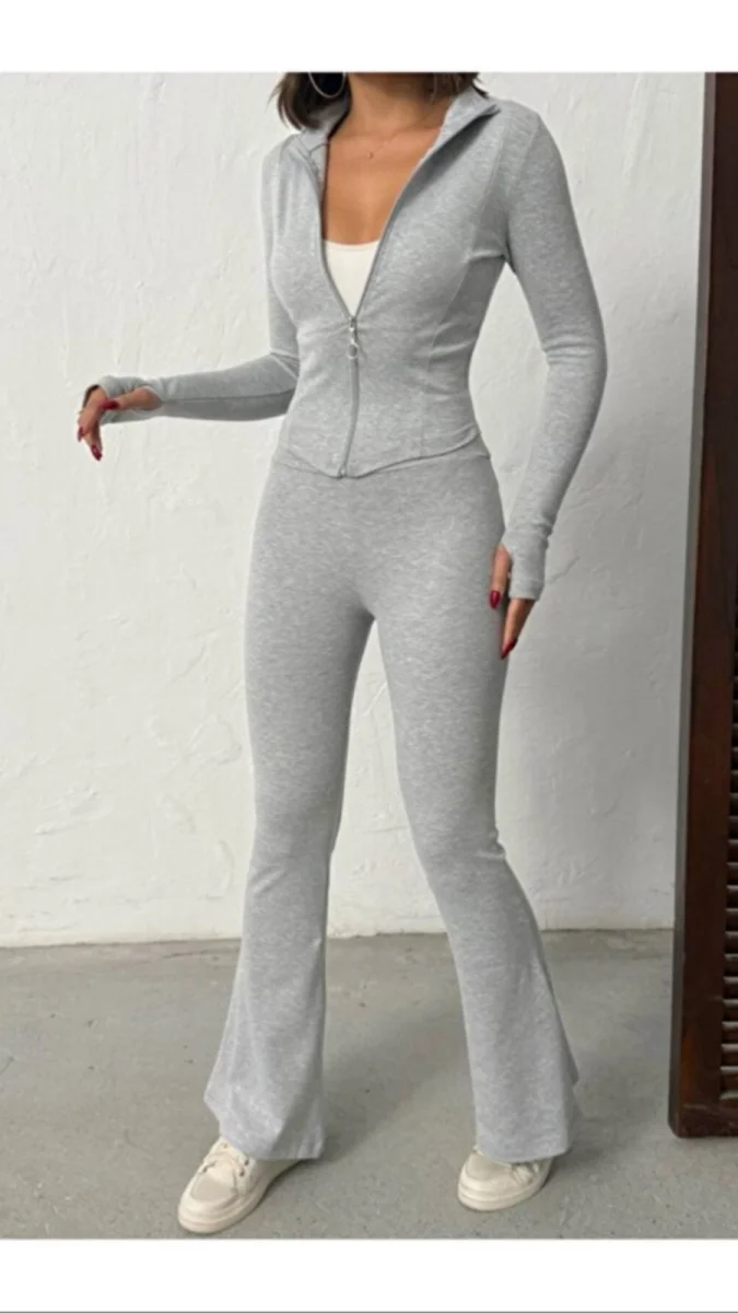 Kadın Gri Parmak Geçmeli Ribana Kumaş Takım