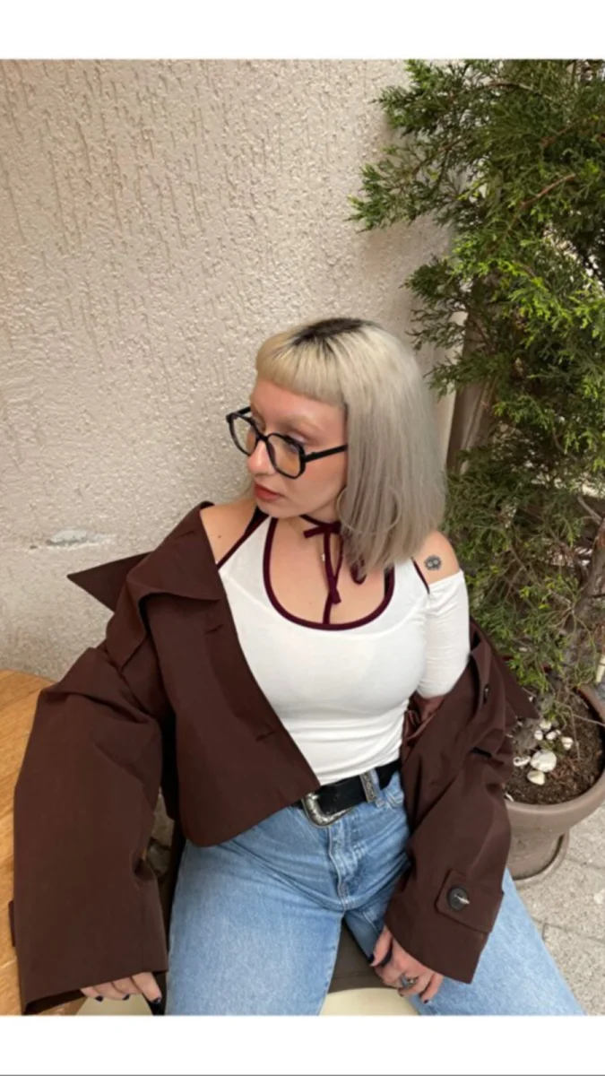 Kadın Kahverengi Çift Katlı Halter yaka Bluz