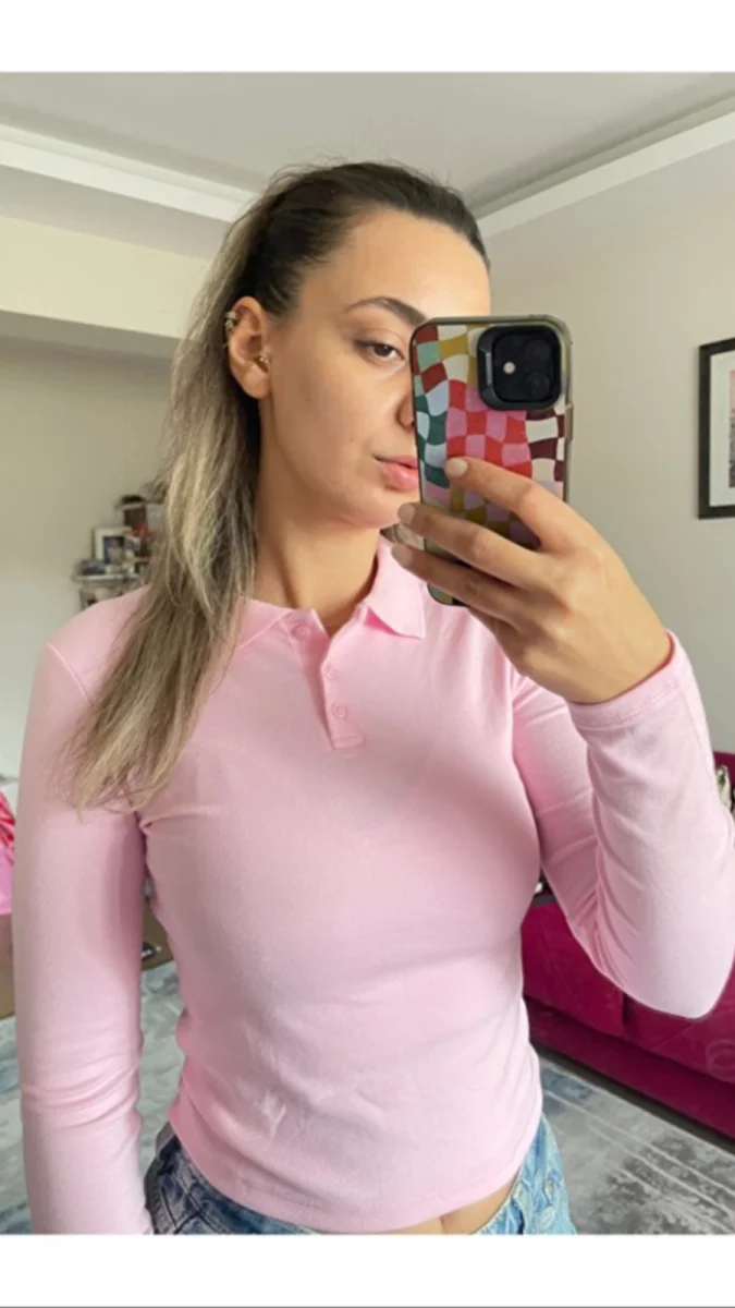Kadın Pembe İç Gösteren Polo Yaka Bluz